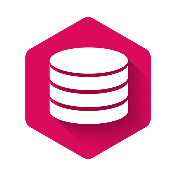 White Database icon isolated with long shadow. Network databases, disc with progress bar. Backup concept. Pink hexagon button. Vector Illustration - Vector, Image