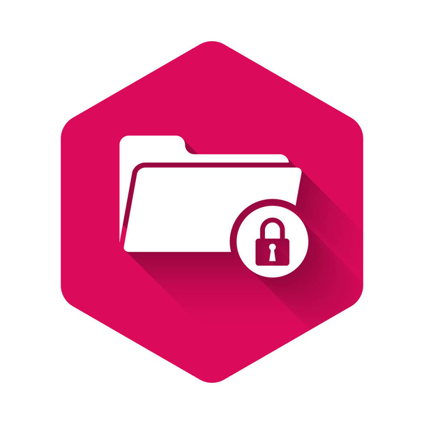 White Folder and lock icon isolated with long shadow. Closed folder and padlock. Security, safety, protection concept. Pink hexagon button. Vector Illustration - ベクター画像