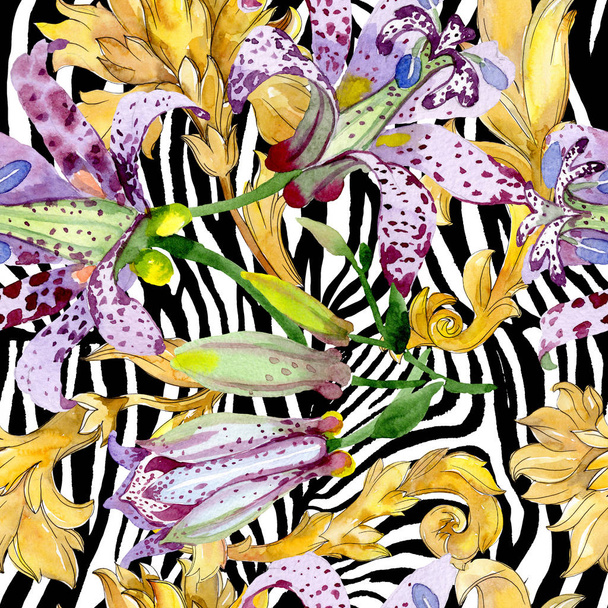 Veilchen-Tricyrtis-Blüten. Aquarell Hintergrundillustration Set. nahtloses Hintergrundmuster. - Foto, Bild