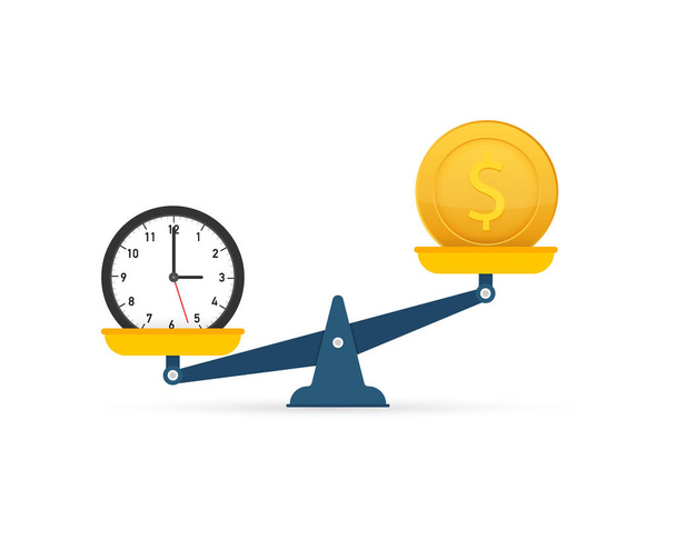 El tiempo es dinero en escala icono. Dinero y balance de tiempo a escala. Ilustración de stock vectorial. - Vector, imagen