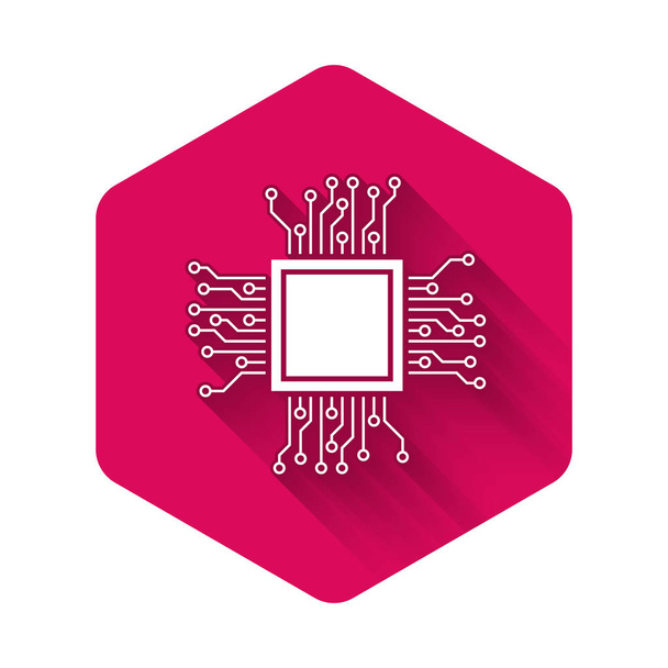 Icône Processeur blanc isolé avec une ombre longue. CPU, unité centrale de traitement, micropuce, microcircuit, processeur informatique, puce. Bouton hexagonal rose. Illustration vectorielle
 - Vecteur, image