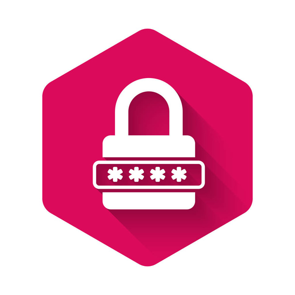 Fehér Jelszó védelem és biztonsági hozzáférés ikon elszigetelt hosszú árnyék. Rögzítsd az ikont. Biztonság, biztonság, védelem, adatvédelem. Rózsaszín hatszög gomb. Vektorillusztráció - Vektor, kép
