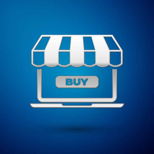 Silver Online alışveriş konsepti. Mavi arka planda yalıtılmış ekran dizüstü bilgisayar simgesisatın alın. Konsept e-ticaret, e-iş, online iş pazarlama. Vektör İllüstrasyonu - Vektör, Görsel