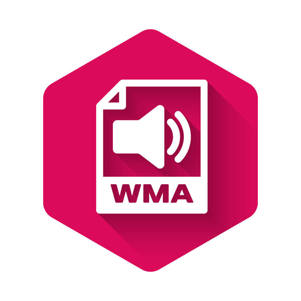 Λευκό εικονίδιο εγγράφου WMA. Κατεβάστε το εικονίδιο wma κουμπί απομονώνονται με μεγάλη σκιά. Σύμβολο αρχείου WMA. Πινακίδα μουσικής WMA. Ροζ εξάγωνο κουμπί. Εικονογράφηση διανύσματος - Διάνυσμα, εικόνα