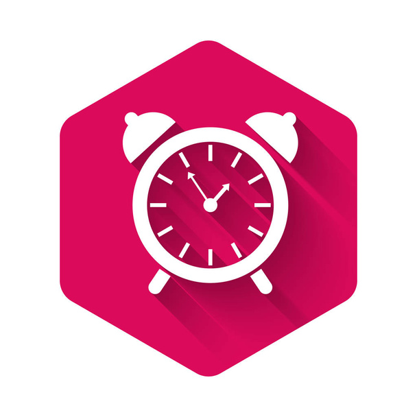 White Alarm clock icon isolated with long shadow. Wake up, get up concept. Time sign. Pink hexagon button. Vector Illustration - Vector, Image
