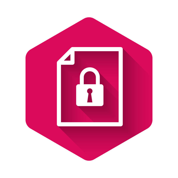 White Document and lock icon isolated with long shadow. File format and padlock. Security, safety, protection concept. Pink hexagon button. Vector Illustration - ベクター画像