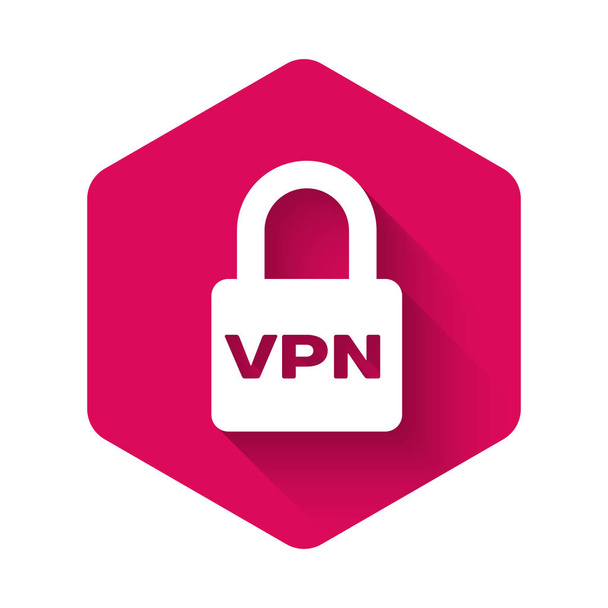 Icona VPN White Lock isolata con lunga ombra. Bottone esagonale rosa. Illustrazione vettoriale
 - Vettoriali, immagini