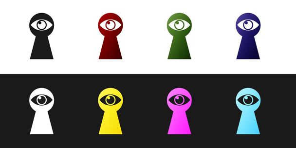 Set Keyhole with eye icon isolated on black and white background. The eye looks into the keyhole. Keyhole eye hole. Vector Illustration - Vector, Image
