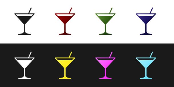 Set Martini glass icon isolated on black and white background. Cocktail icon. Wine glass icon. Vector Illustration - Vetor, Imagem