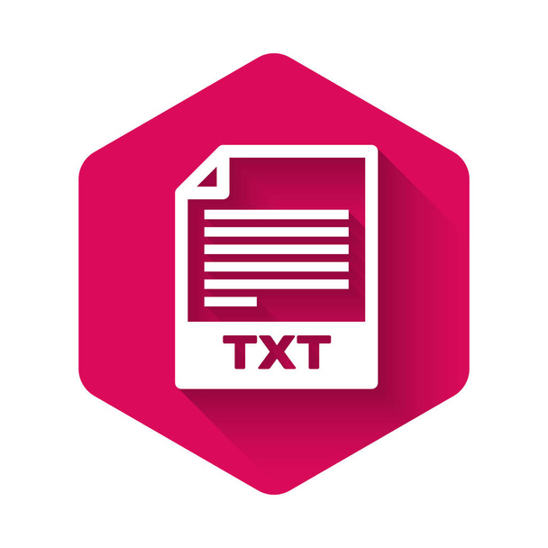 Icono de documento de archivo TXT blanco. Descargar icono del botón txt aislado con sombra larga. Texto símbolo de extensión de archivo. Botón de hexágono rosa. Ilustración vectorial
 - Vector, imagen