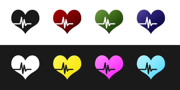 Imposta l'icona della frequenza cardiaca isolata su sfondo bianco e nero. Segno di battito cardiaco. Icona del polso cardiaco. Icona del cardiogramma. Illustrazione vettoriale - Vettoriali, immagini