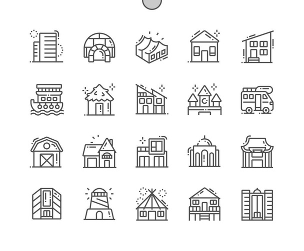 Rodzaje domów dobrze spreparowany Pixel idealne Vector cienkie linie ikony 30 2x siatka dla grafiki internetowej i aplikacji. Prosty minimalny piktogram - Wektor, obraz