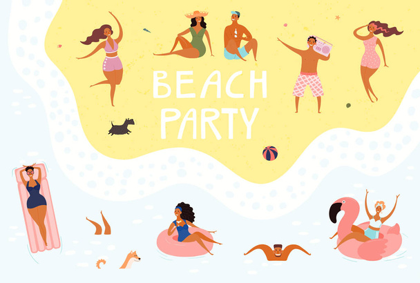 Hand getrokken vector illustratie met gelukkige jonge mensen zwemmen en dansen met belettering citaat Beach Party. Platte stijl Design, zomer poster - Vector, afbeelding