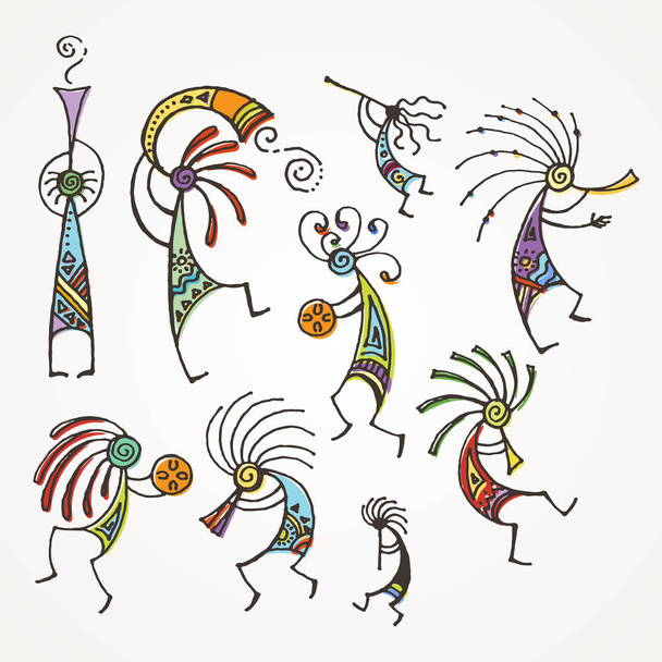 Hand drawn Kokopelli figures. Stylized mythical characters playing flutes. - Vettoriali, immagini