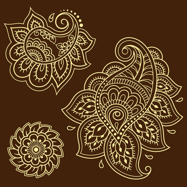 Ensemble de motif de fleurs Mehndi pour dessin au henné et tatouage. Décoration de style ethnique oriental indien. Ornement de caniche. Schéma dessin à la main illustration vectorielle. - Vecteur, image