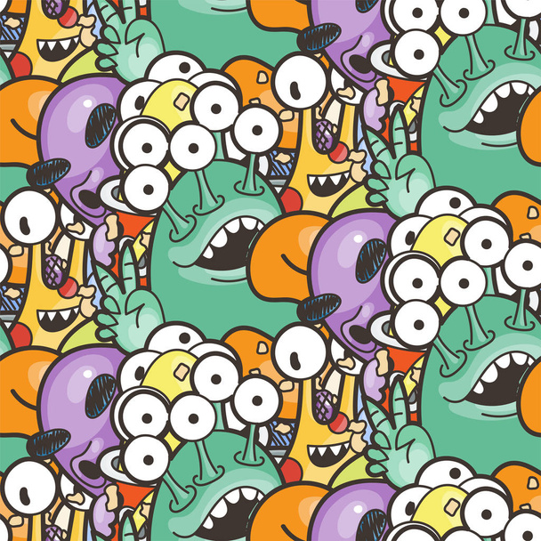 Seamless pattern with cute aliens and monsters. Nice for prints, cards, designs and coloring books - Vettoriali, immagini