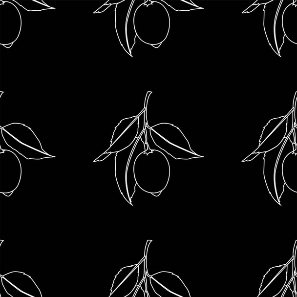 Seamless pattern with lemons. Line drawing isolated on black background. Fresh Fruits with leaves. Summer design. Vector illustration. - Wektor, obraz
