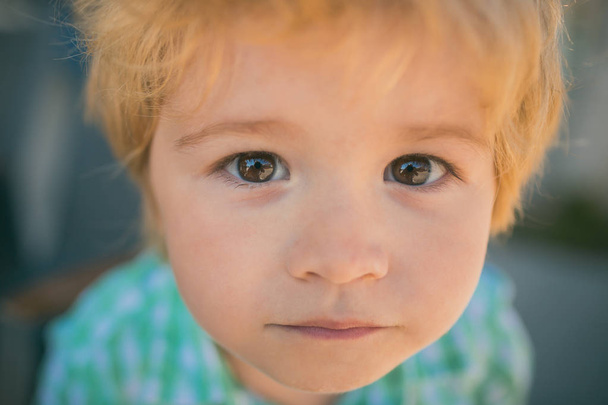 Gyönyörű gyermek nézi a kamerát. Közeli tájolás. Vonzó fiú nagy nyitott szemmel. Egy boldog gyermekkori koncepció. Fotó a gyermek - Fotó, kép