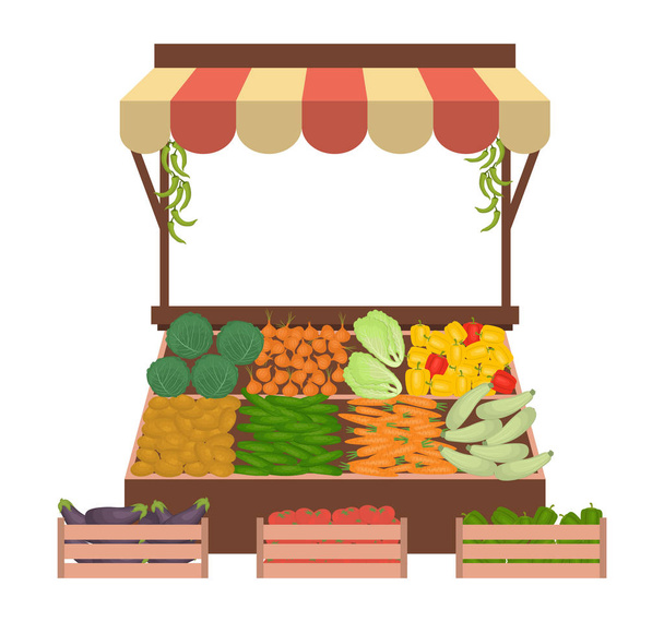 市場に野菜とトレイ。市場販売者の職場。キュウリ、玉ねぎ、にんじん、ナス、ズッキーニ、ペラー、ジャガイモ、キャベツなど、スケールやグッズがあります。ベクトル - ベクター画像