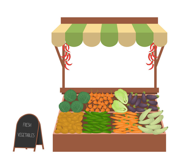Tray with vegetables on the market. Workplace of the market seller. There is scales and goods: cucumbers, onions, carrots, eggplant, zucchini, perrers, potato, cabbage in the image. Vector - Vector, Image