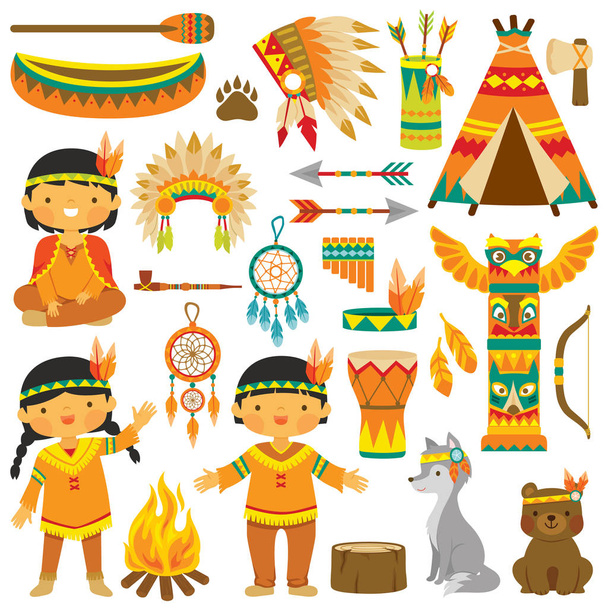 Clip Art Set mit süßen indianischen Kindern, Tieren und traditionellen Gegenständen - Vektor, Bild