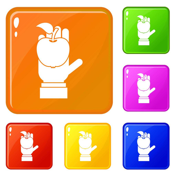 Apple in hand icons set vector color - Vetor, Imagem