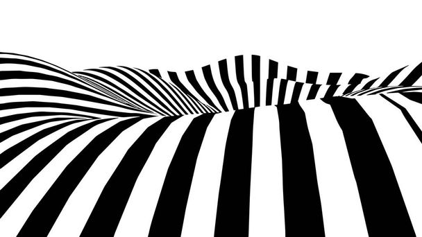 Optische Täuschung. Abstrakte 3D-Schwarz-Weiß-Illusionen. Horizontale Linien streifen Muster oder Hintergrund mit welligem Verzerrungseffekt. Vektorillustration. - Vektor, Bild