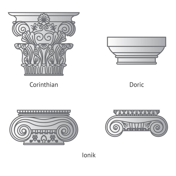 Conjunto antiguo de capitales históricos griegos para Calón: Capitales jónicos, dóricos y corintios Ilustración de la línea vectorial
 - Vector, Imagen