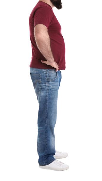 Overweight man isolated on white, closeup. Weight loss - Zdjęcie, obraz