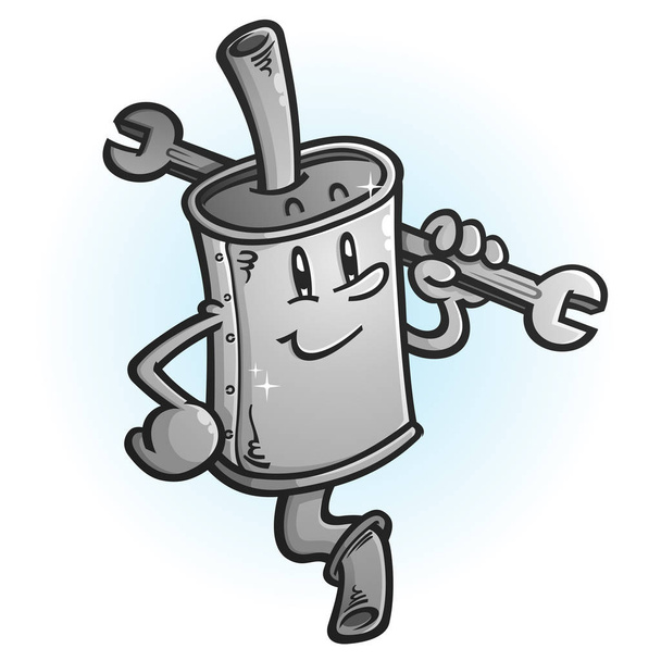 A shiny new muffler cartoon character mechanic holding a large wrench  - Vector, Image