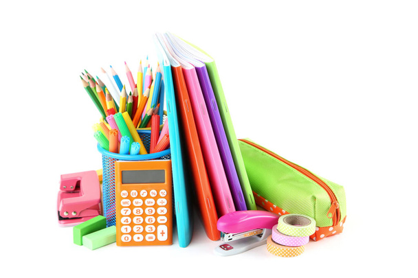 School supplies with notebooks on white background - Foto, Bild
