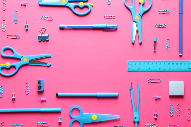 Flat lay composition with scissors and school supplies on color background. Space for text - Foto, Imagem