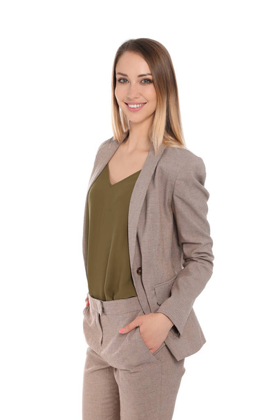 Portrait of happy businesswoman on white background - Foto, imagen