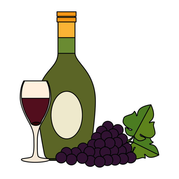 garrafa de vinho com xícara e uvas
 - Vetor, Imagem