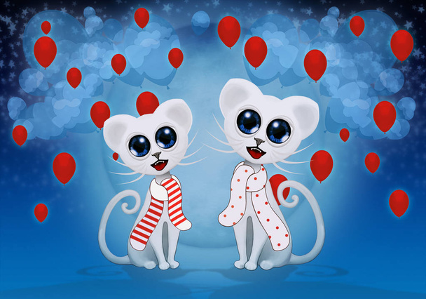 Lindos gatos bajo luna llena y globos rojos
 - Foto, Imagen