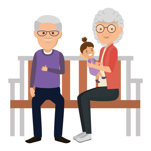dziadkowie para z wnuczką w parku krzesło - Wektor, obraz