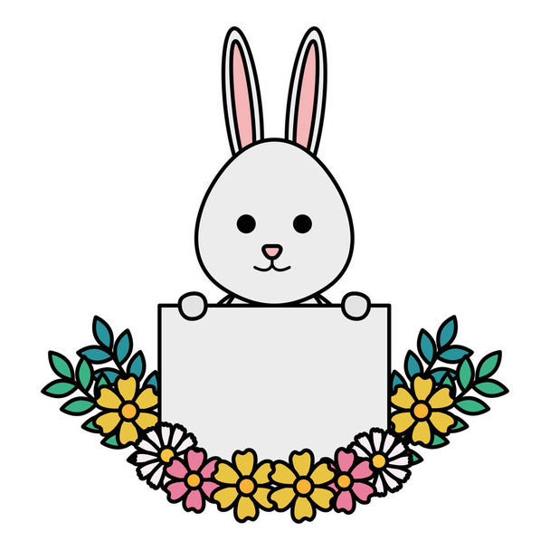 niedliches Kaninchen mit Etikett und Blumenschmuck - Vektor, Bild