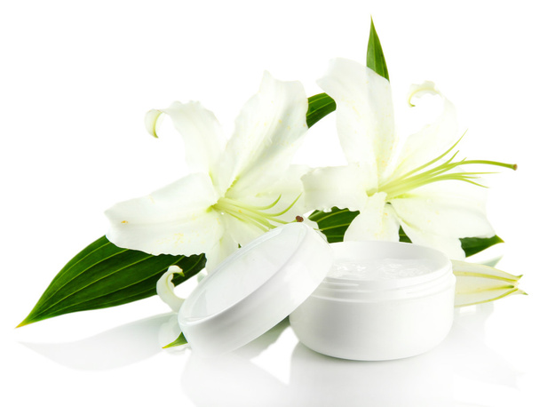 Cosmetic cream and beautiful lily, isolated on white - Фото, изображение