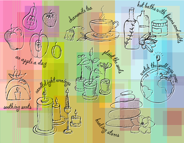 επούλωση και σπα doodles σε σύγχρονες πολύχρωμο φόντο - Διάνυσμα, εικόνα