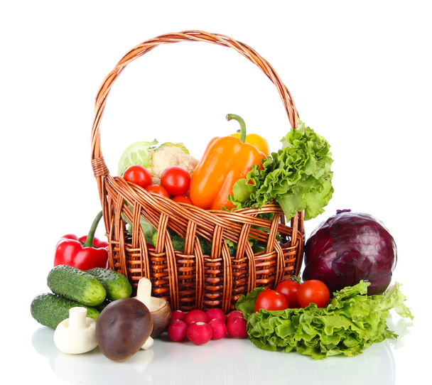 Fresh vegetables in wicker basket isolated on white - Φωτογραφία, εικόνα