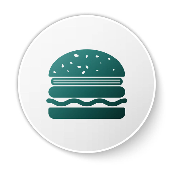 白い背景に隔離されたグリーンバーガーのアイコン。ハンバーガーのアイコン。チーズバーガーのサンドイッチサイン白い円のボタン。ベクトルイラストレーション - ベクター画像