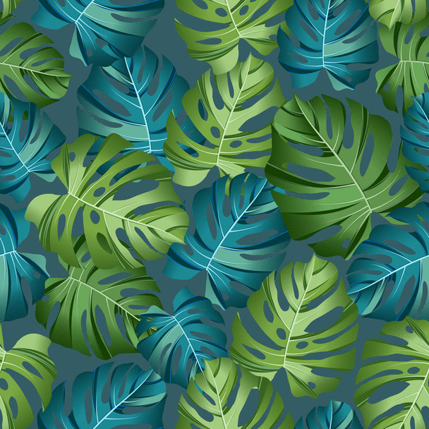 Varratmentes mintázat trópusi levelek: pálmák, Monstera, dzsungel levél varrat nélküli vektor minta sötét háttér. Fürdőruha botanikai tervezés. Vektor. -Vektor - Vektor, kép