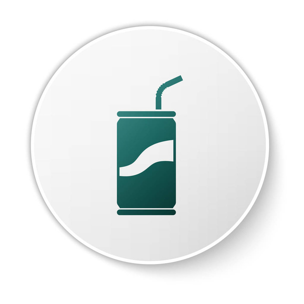 lata de refrigerante verde com beber ícone de palha isolado no fundo branco. Botão de círculo branco. Ilustração vetorial
 - Vetor, Imagem