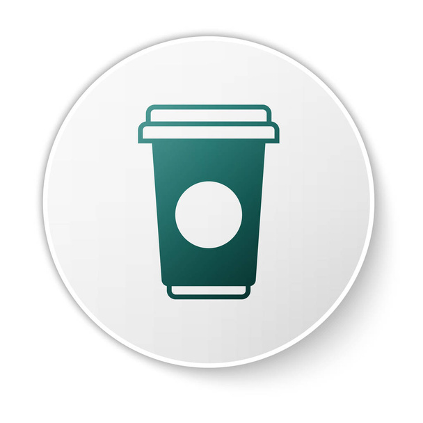 Green Coffee cup icon isolated on white background. Disposable coffee cup with hot coffee. White circle button. Vector Illustration - Vektör, Görsel