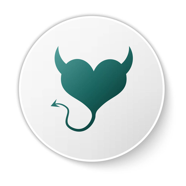Green Devil heart with horns and a tail icon isolated on white background. Valentines Day symbol. White circle button. Vector Illustration - Vector, Image