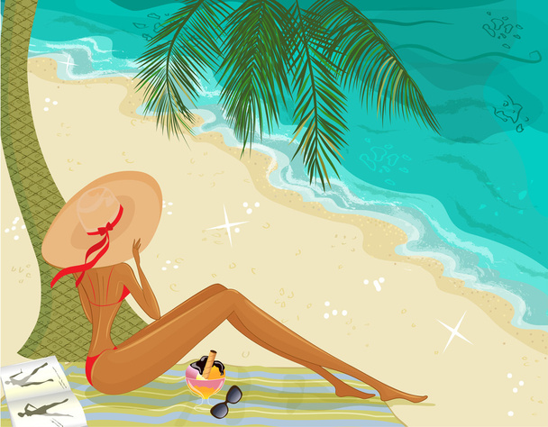 Slim tanned girl in red swimsuit - Vector, Image