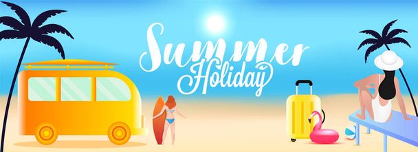 Summer Holiday header or banner design with tourist bus and wome - Vektor, Bild