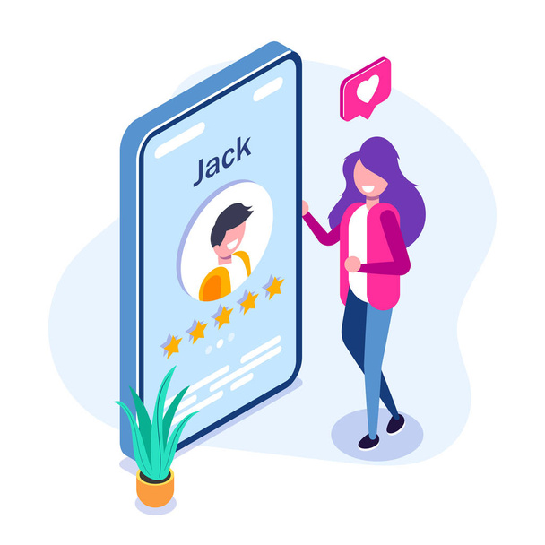 Online dating concept. Young girl evaluates the profile of a guy in a social network or application for dating. Five stars. Vector isometric 3d illustration. - Vector, Image