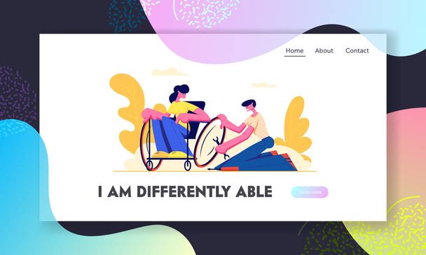 車椅子障害者女性の男性修理車輪 - ベクター画像
