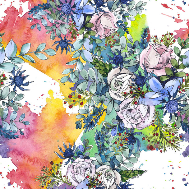 Flores silvestres buquê flores botânicas florais. Conjunto de ilustração de fundo aquarela. Padrão de fundo sem costura
. - Foto, Imagem